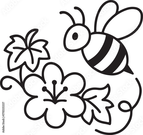 Vector illustration of Cute Bee and Flower Line Art Illustration