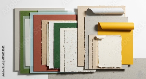 A curated flat lay of various paper and cardstock samples in earthy, soft pastel tones, showcasing different textures and colors
