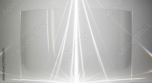 A large, clear curved glass block with light rays passing through it, creating brilliant, scattered highlights and subtle refractions on a gray background.