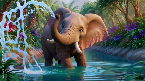 An elephant wading through a tropical river surrounded by lush vegetation and colorful flowers