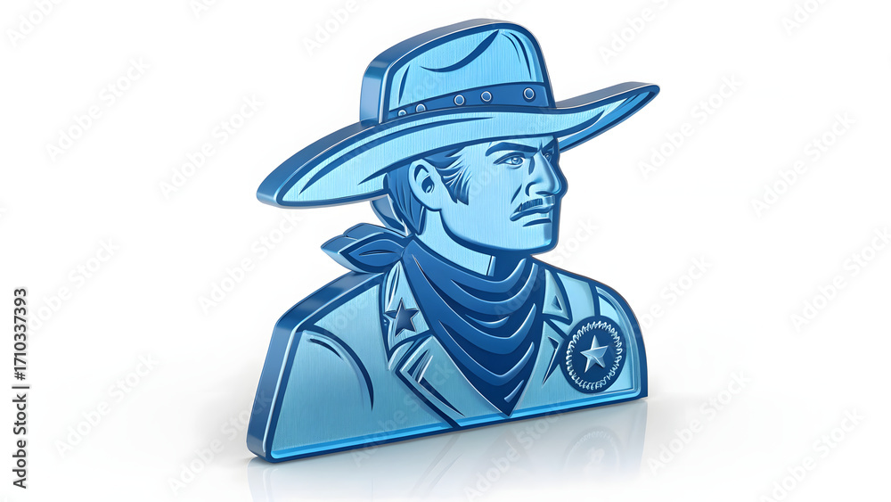 Fototapeta premium 3D blue holographic glass cowboy sheriff icon isolated on white background with western wild west lawman symbol