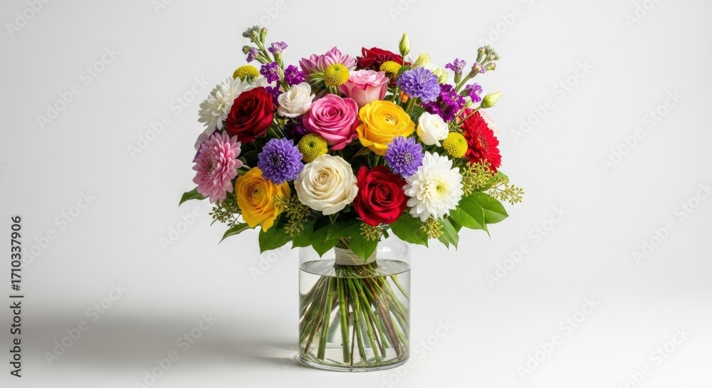 Fototapeta premium Vibrant bouquet of mixed flowers in a clear vase, featuring roses, dahlias, and other colorful blooms.