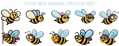 Bees Flying Cute Cartoon Vector Set – Cartoon Insect Clipart, Flying Honeybee Illustrations, and Animal Icons for Design