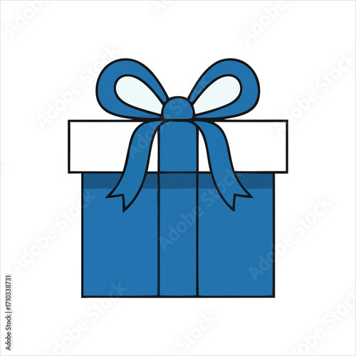 A simple vector illustration of a blue gift box with a white lid and a large blue bow, symbolizing a present for a special occasion or celebration