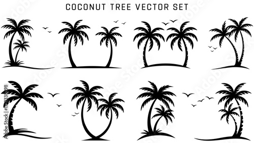 Tropical Coconut Palm Tree Vectors | Black Silhouette Palm Trees for Summer and Island Designs