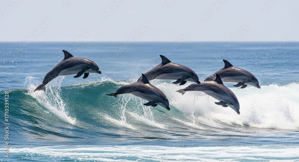 Fototapeta premium Dolphins leap over ocean waves