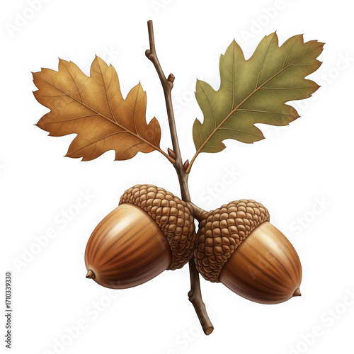 Autumn oak branch with acorns and leaves isolated on transparent background