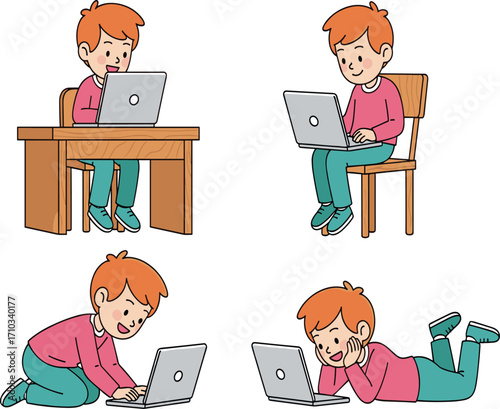 Cartoon boy using laptop in different sitting and lying positions, online education, digital learning, studying at home, computer activity