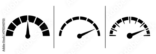 Three Black Speedometer Icons Showing Different Levels of Measurement