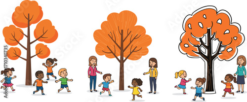 Cherry blossom trees with children playing, family enjoying spring outdoors, pink flowers blooming, nature, happiness, picnic, seasonal beauty, joyful moments, community gathering park scene.