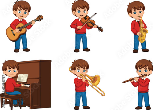 Cartoon boy, musical instruments, guitar, violin, saxophone, piano, trombone, flute, music education, performance, talent, child, playing, fun, colorful, 