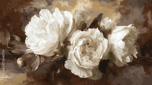 A white peony on a brown background, a detailed and realistic white flower oil painting, high resolution, serving as a luxurious wall art piece, showcasing floral details and elegant tones.