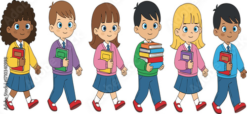 Cartoon children, school uniform, walking students, education concept, diverse kids, back to school, books, learning, classroom, academic, cheerful, colorful, illustration, group, elementary, pupils, 