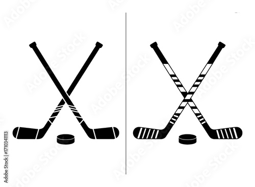 Two Pairs of Crossed Hockey Sticks with Pucks, Black and White Iconography