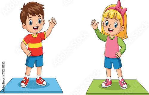 Cartoon children waving on colorful mats, happy boy and girl illustration, cheerful kids, playful pose, educational design, vibrant vector art