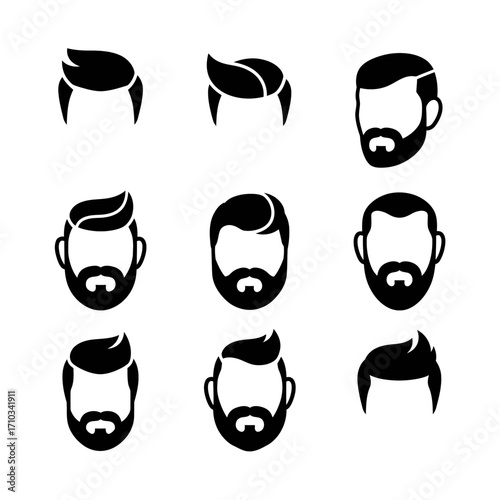 A collection of black and white icons depicting various modern male hairstyles, beards, and mustaches.