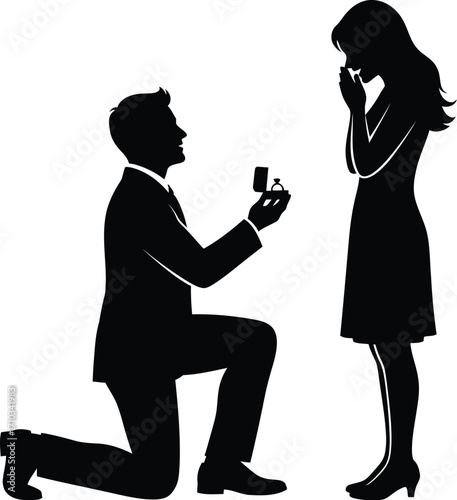 A man proposing to a woman, isolated on white background the man is on one knee holding a ring in this vector illustration