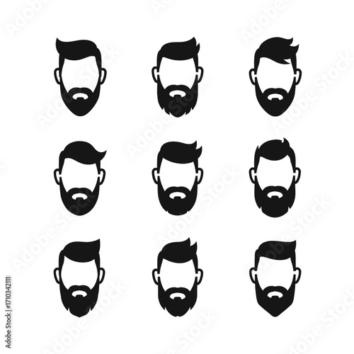 Nine stylized illustrations of male faces with different hairstyles and beard styles, presented in a grid.