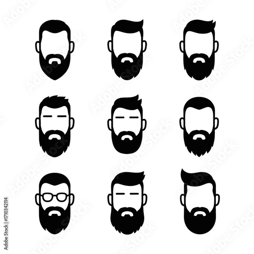 A collection of nine different beard styles illustrated in black and white, showcasing variations in shape, length, and accompanying hairstyles.