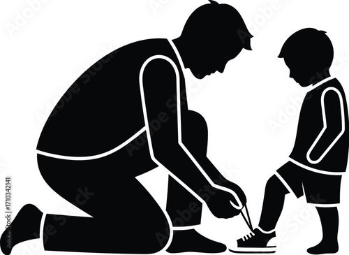 A father tying his sons shoelace, isolated on white background the father is kneeling and the son is standing in this vector illustration