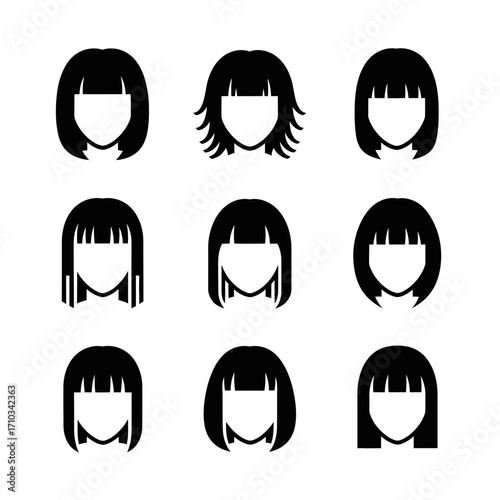 Nine simple black icons showcasing various bob hairstyles for women.