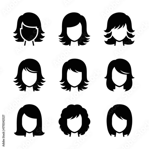 A collection of nine black silhouette icons showing a variety of modern female hairstyles and haircuts.