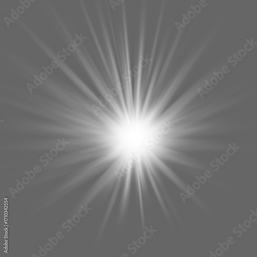 Radiant light burst emanating outwards, bright celestial star, sparkling starburst effect for creative designs, digital art element for backgrounds