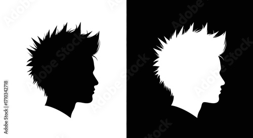 A dual representation of a person's profile with spiky hair, shown as a black silhouette on white and a white silhouette on black.