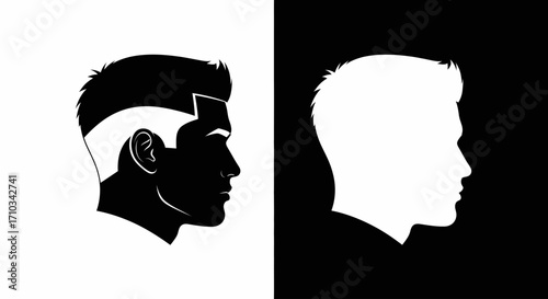 A black and white graphic illustration showing two contrasting profiles of a man's head with a stylish haircut.