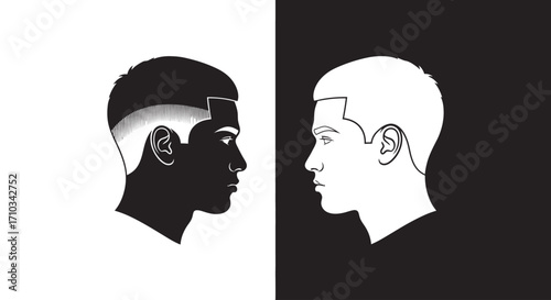 Two contrasting male profiles in black and white face each other, symbolizing duality and opposition.