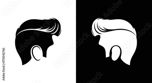 Side-by-side black and white silhouettes of a head profile featuring a modern, stylish haircut.