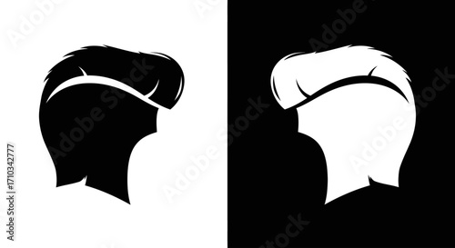 A black and white graphic icon showing the side profile silhouette of a man's head with a modern, stylish pompadour haircut.