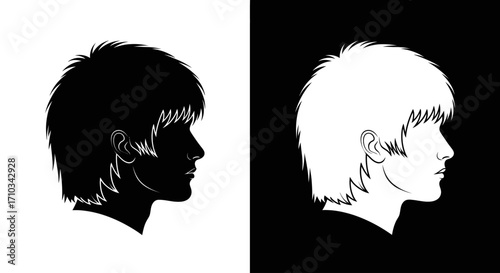 Dual profile silhouettes of a young man with shaggy hair, one black on white and one white on black.
