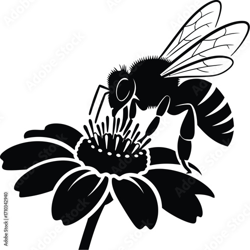 Detailed silhouette of a bee collecting nectar from a flower, showcasing the beauty of nature isolated on white background