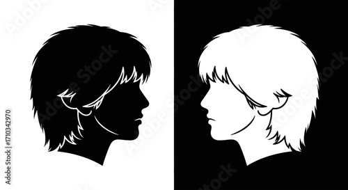 A black and white illustration of two identical profiles facing each other, representing duality and contrast.