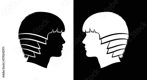 Two symmetrical profiles in high-contrast black and white face each other, representing duality and opposition.