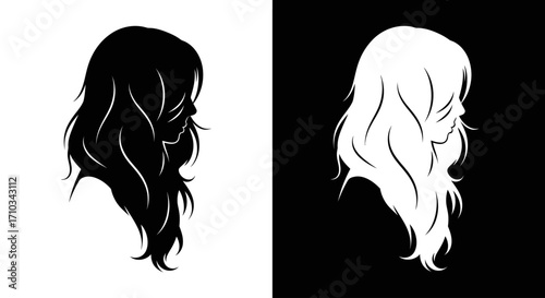 A minimalist black and white graphic of a woman's profile silhouette with long, flowing, wavy hair, shown in positive and negative space.