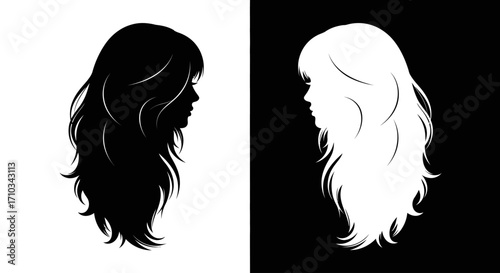 Two contrasting black and white silhouettes of a woman's profile with long, flowing hair.
