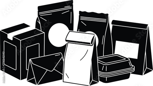 Various packaging options isolated on white background, including boxes, bags, and containers for food and product delivery services