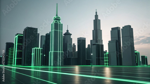 Glowing futuristic cityscape with green energy highlights urban sustainability and advanced tech. architectural diversity of modern metropolis at dusk evokes sense of awe