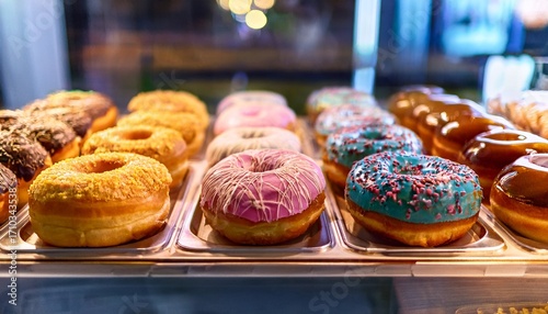 delicious variety of colorful donuts displayed on stands at a bakery during the morning