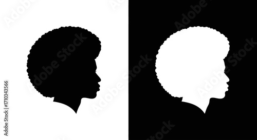 A graphic illustration of a person's profile with an afro, presented in contrasting black and white silhouettes.