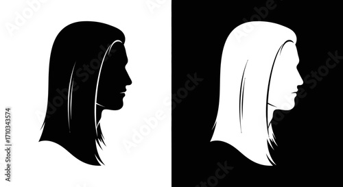 A minimalist graphic design of a long-haired person's profile in contrasting black and white silhouettes.