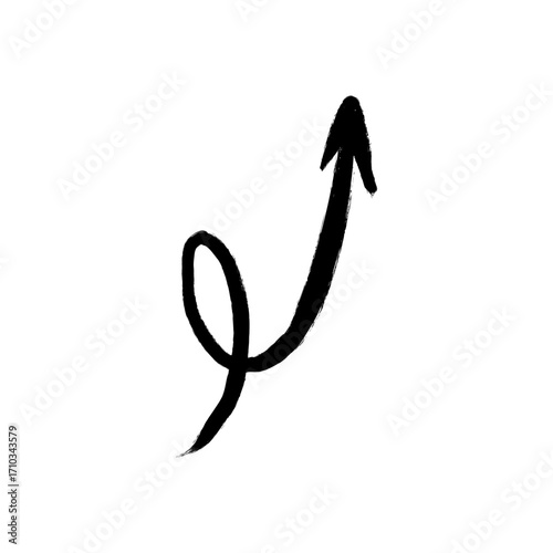 Hand-drawn black arrow pointing upwards with a swirl, isolated on white.