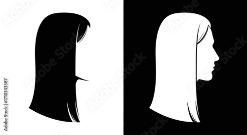 A minimalist black and white illustration featuring two contrasting silhouettes of a woman with long hair.