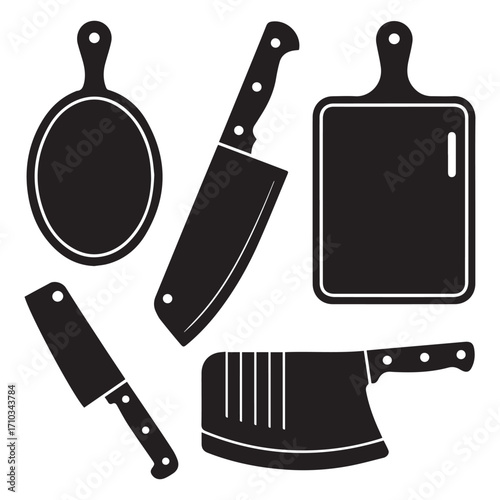 Black and White Kitchen Utensils and Cutting Boards Illustration