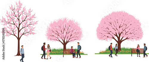 Cherry blossom trees, spring park, children playing, family picnic, pink flowers, outdoor fun, nature scene, joyful moment, blooming season, peaceful day.