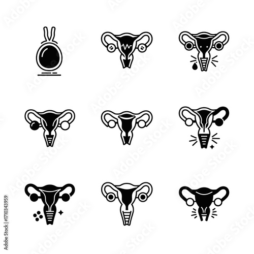 A set of black glyph icons illustrating the female reproductive system, uterus, ovaries, and related gynecological concepts.