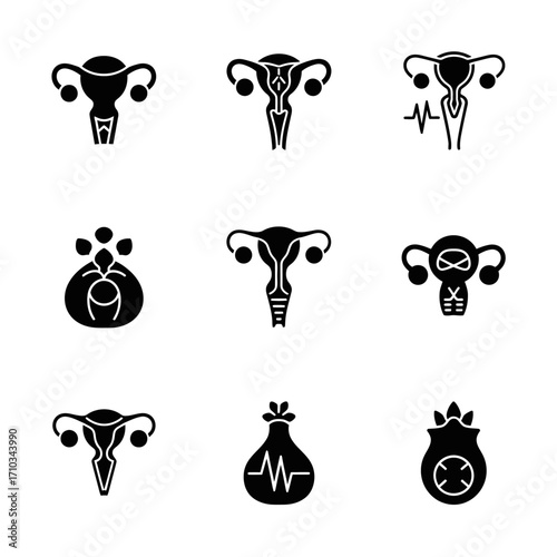 A set of black glyph icons illustrating the female reproductive system, including the uterus, ovaries, and various gynecological health conditions and symbols.