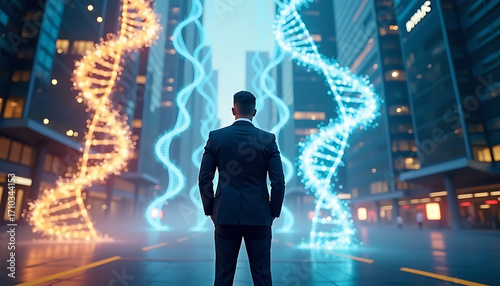 Visionary businessman contemplates dual DNA strands in futuristic city, symbolizing scientific advancement and innovation